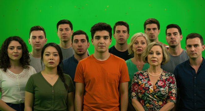 Group of diverse people standing together with a concentrated expression against a green screen
