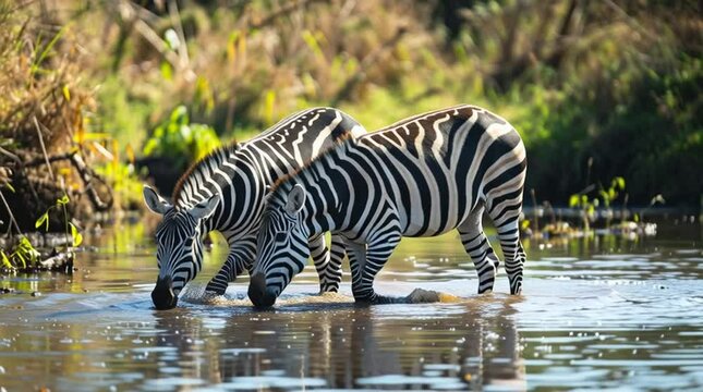Zebra drinking water: Two zebra quench their thirst, standing in a serene body of water in a vibrant, natural setting. Capturing a moment of shared refreshment.
