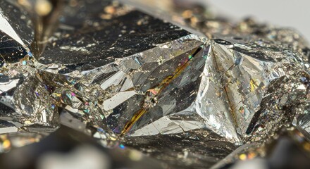 Macro shot of a pyrite crystal with intricate, shimmering crystalline structures revealing mineral
