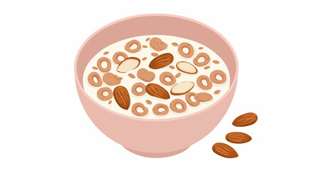 Oatmeal bowl with almonds in pink dish on white background  