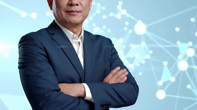 Confident Asian Businessman in Blue Suit Posing with Arms Crossed against a Light Blue Abstract Network Background for Corporate Adobes Stock Photo