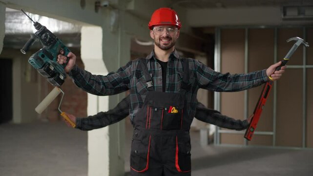 Happy smiling joyful Caucasian man builder male guy multitasking renovation tools drill hammer hardhat creativity power confident skilled four arms construction equipment humor handyman repair site
