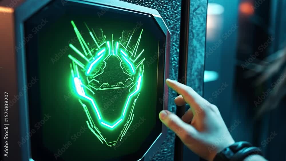 Poster close-up of a hand interacting with a glowing green geometric display embedded in a dark metallic pa