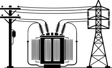 A simple, black and white illustration of a power transmission system, depicting a utility transformer and supporting power poles and lines.