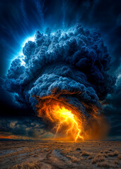 Dark clouds swirl dramatically above, illuminated by vibrant lightning strikes that pierce through the night sky. The desert ground below glows softly, creating a striking contrast.