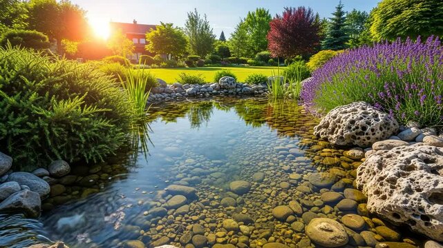 A tranquil garden pond reflects the surrounding landscape, showcasing a serene and idyllic scene with stones, plants, and the warm glow of sunlight