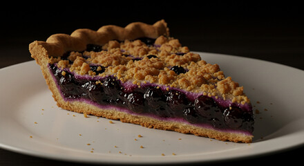 Close-up of a slice of blueberry pie on a white plate