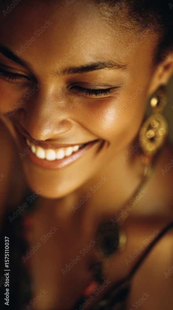 Poster serene closeup of a womans smile illuminated by soft warm light featuring graceful accessories that 