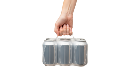 A hand holding a six pack of silver aluminum cans wrapped in plastic on a black background image