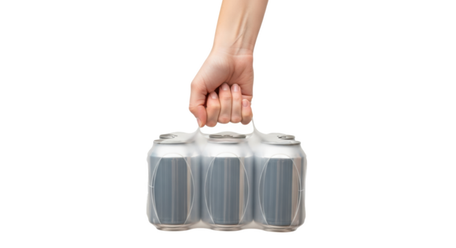 A hand holding a six pack of silver aluminum cans wrapped in plastic on a black background image