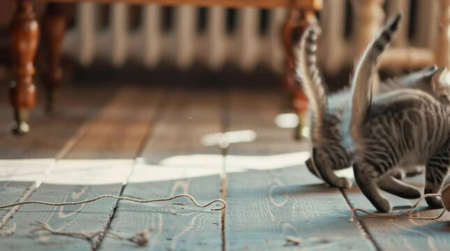 Playful Kittens on a Wooden Floor: Capturing the whimsical joy of youth, a trio of adorable kittens frolic on a rustic wooden floor near a vintage table in a sunlit room.