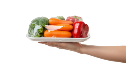 Hand holding tray with plastic wrapped broccoli carrots and peppers on a black background view close up