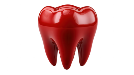 A bright red molar tooth isolated on transparent background, symbolizing dental care and oral health in a clean graphic design
