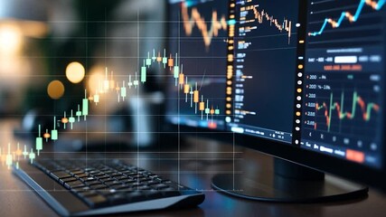Close-up of computer monitors displaying financial data graphs and charts keyboard on wooden desk in a modern office setting - Powered by Adobe