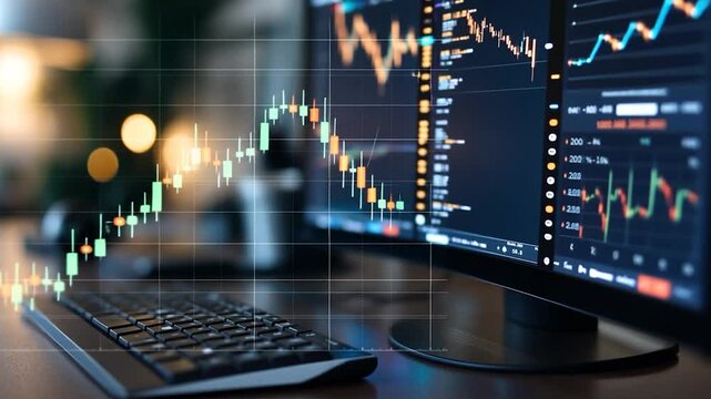 Close-up of computer monitors displaying financial data graphs and charts keyboard on wooden desk in a modern office setting - Powered by Adobe