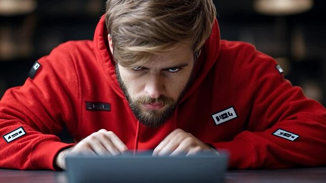 Close-up of a man in a red hoodie intensely focused on a laptop. Dramatic lighting on the face and dark background. The man's gaze is fixed and serious