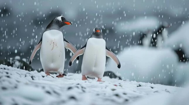 Gentoo Penguins in a Winter Wonderland: Witness the beauty of two adorable gentoo penguins navigating a snowy landscape, epitomizing the spirit of adaptability and survival in nature's embrace.