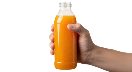 A hand holding a clear plastic bottle filled with orange liquid against a black background image shot