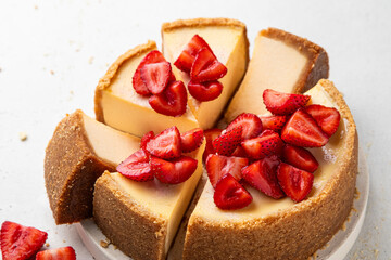 Sliced classic cheesecake with strawberries on light background. New York, Sicilian homemade...