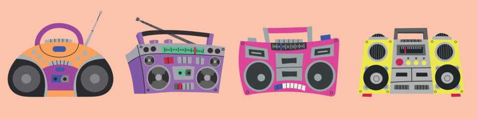 Retro Boombox set collection icon clipart illustration.