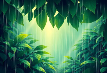 Tropical Rainforest Foliage in Rain with Sunlight Filtering Through Leaves

