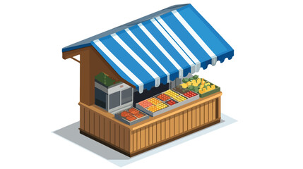 Isometric Market Stall with Blue Striped Awni