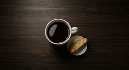 Cup of black coffee in a dark wooden table, with a biscotti on the side