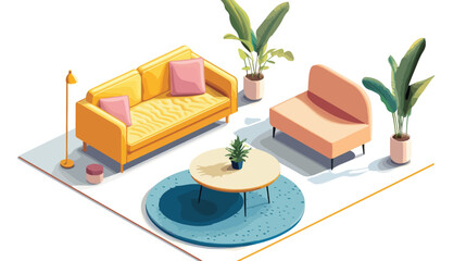 Modern Isometric Living Room with Two Sofas and Coffee Table