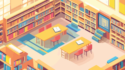 Isometric School Library with Bookshelves and Desk