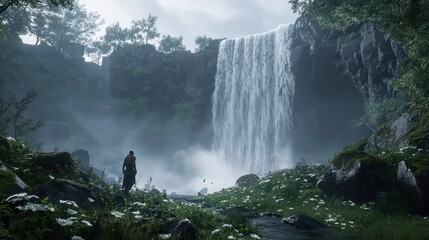 Adventurer near a dramatic forest waterfall, mist rising in soft natural light