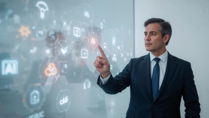 Businessman Interacting with Digital Icons and AI Technology