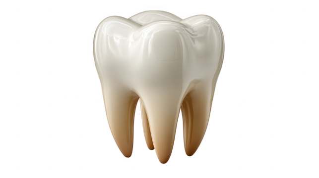 A detailed molar tooth with visible roots isolated on transparent background, showcasing dental hygiene and anatomical structure