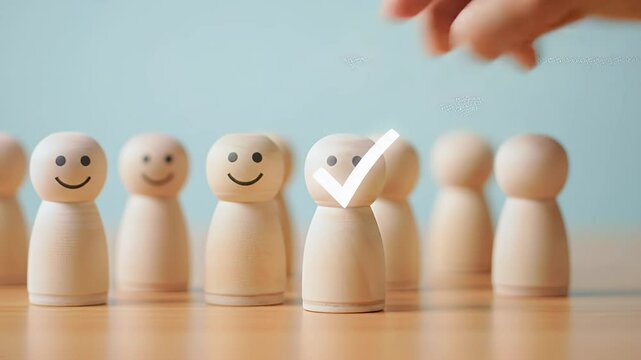 Hand Selecting a Smiling Wooden Figure from a Group on a Wooden Table With a Light Blue Background for Leadership and Human Resource Management