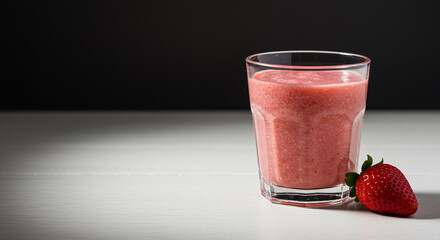 Glass of strawberry smoothie on a white tabletop