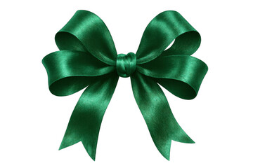 Green silk ribbon bow resting on transparent backdrop, highlighting luxurious texture and festive holiday gift presentation