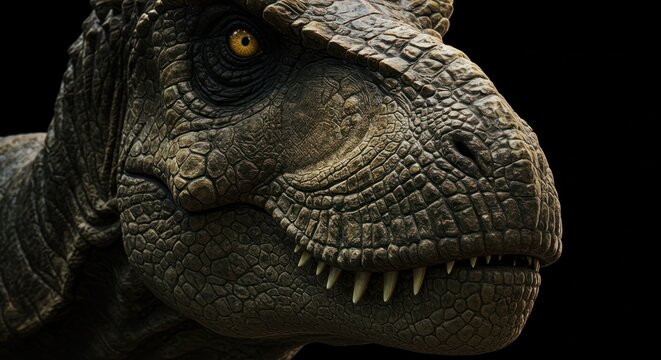 Dramatic closeup of a Tyrannosaurus Rex head with textured scales and powerful jaws