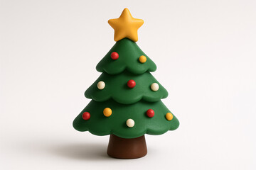 A christmas tree made of clay with a yellow star on top and colorful ornaments on a white background