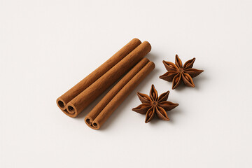 Three cinnamon sticks and two star anise pods on a plain white surface in a close up still life shot