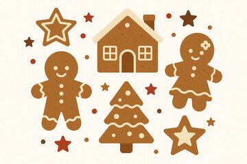 Illustration of gingerbread house man woman tree and stars on a light cream colored background