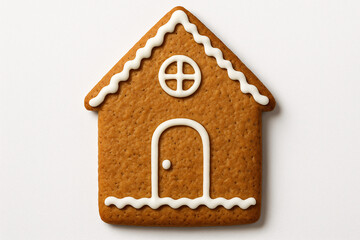 A single gingerbread house with white icing on a white background in a studio shot centered frame