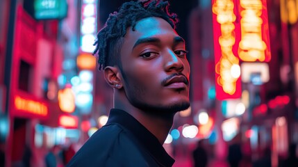 Confident male model posing on neon-lit city street with stylish, urban energy.