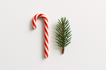 A candy cane and a green fir branch on a white background in a christmas holiday still life setup