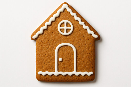 A single gingerbread house with white icing on a white background in a studio shot centered frame