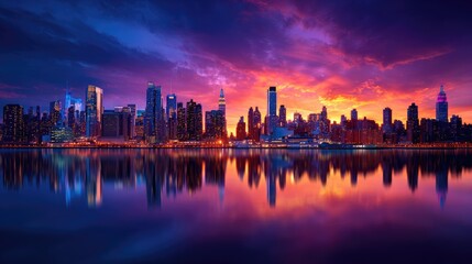 Fototapeta premium Colorful city skyline reflected in calm water at sunrise.