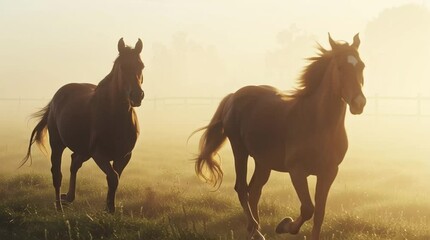 Golden Hour Gallop: Two majestic horses in a sun-kissed meadow, their powerful strides embodying freedom and grace. The image exudes energy and tranquility.