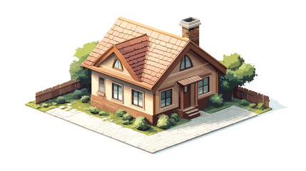 Isometric Suburban Building with Gable Roof - Detailed 3D Illustration for Architectural Designs and Real Estate Projects