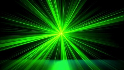 Obraz premium Bright green laser beams radiate outward over a dark background, creating a dynamic and futuristic light show effect.