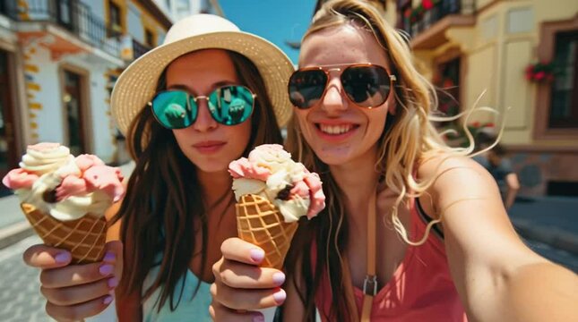Sunny Selfie with Ice Cream: Two delighted companions seize a radiant day with refreshing ice cream cones in hand, creating a cheerful moment.