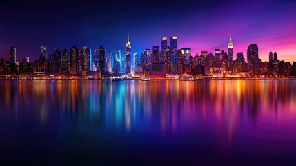 Fototapeta premium Vibrant cityscape of a city at twilight, reflected in the water.