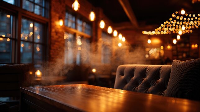 A dimly lit, cozy restaurant interior, warm lighting and a wooden table.